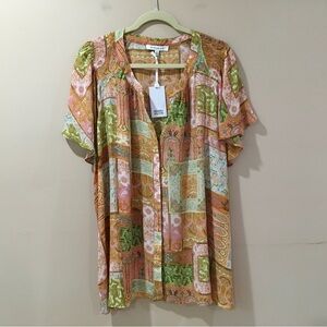 Rose&Olive Top Blouse Buttons Womens Plus 3X Paisley Print Orange